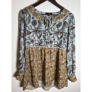 Boho Peasant Blouse Size M Blue Brown Multicolor